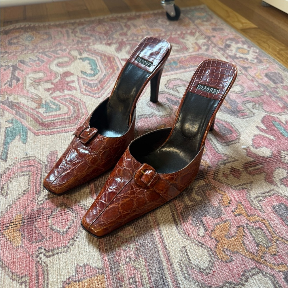 Casadei Croc-Embossed Leather Mule Heels
